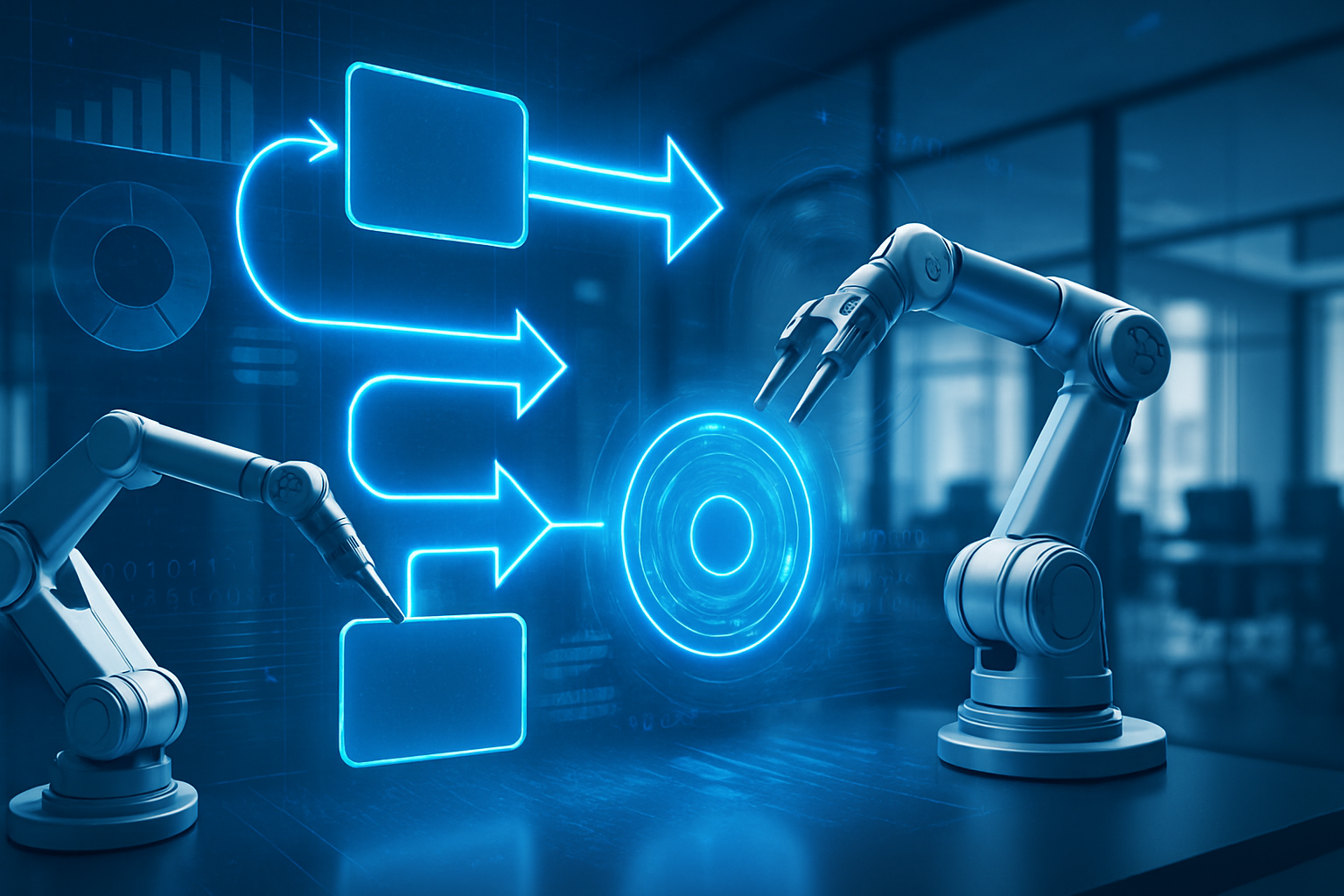 ロボットアームとフローチャートで業務自動化を表現したイメージ（RPA開発）