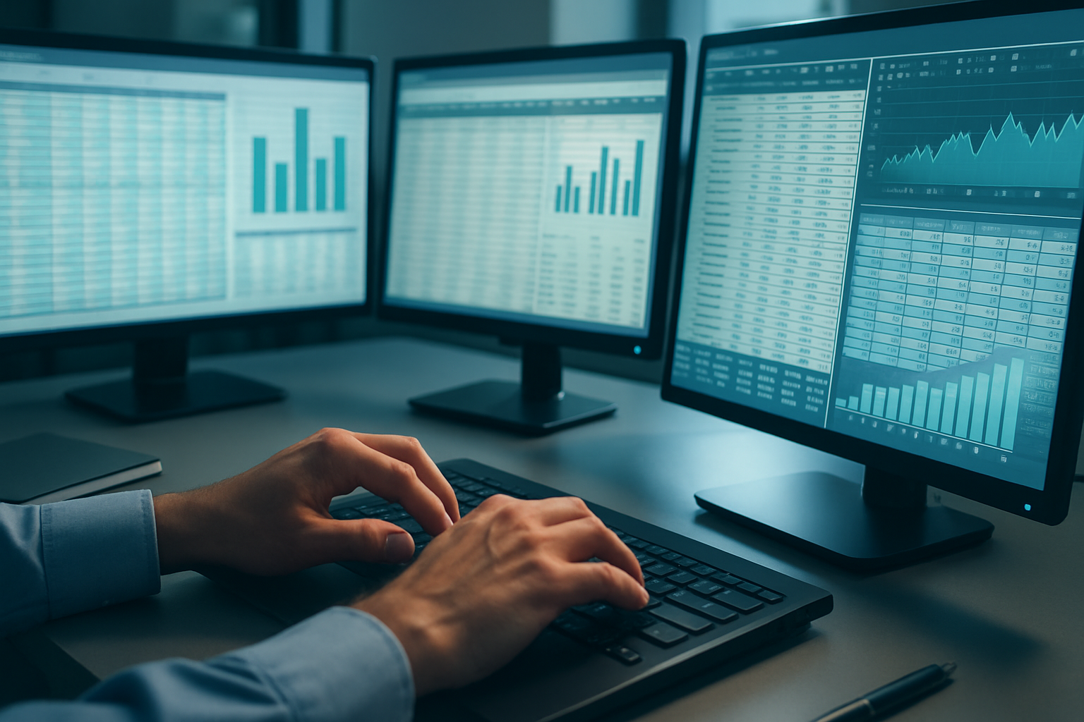 複数モニターのグラフを見ながらキーボードを操作する手元（Excel / Access VBA開発）