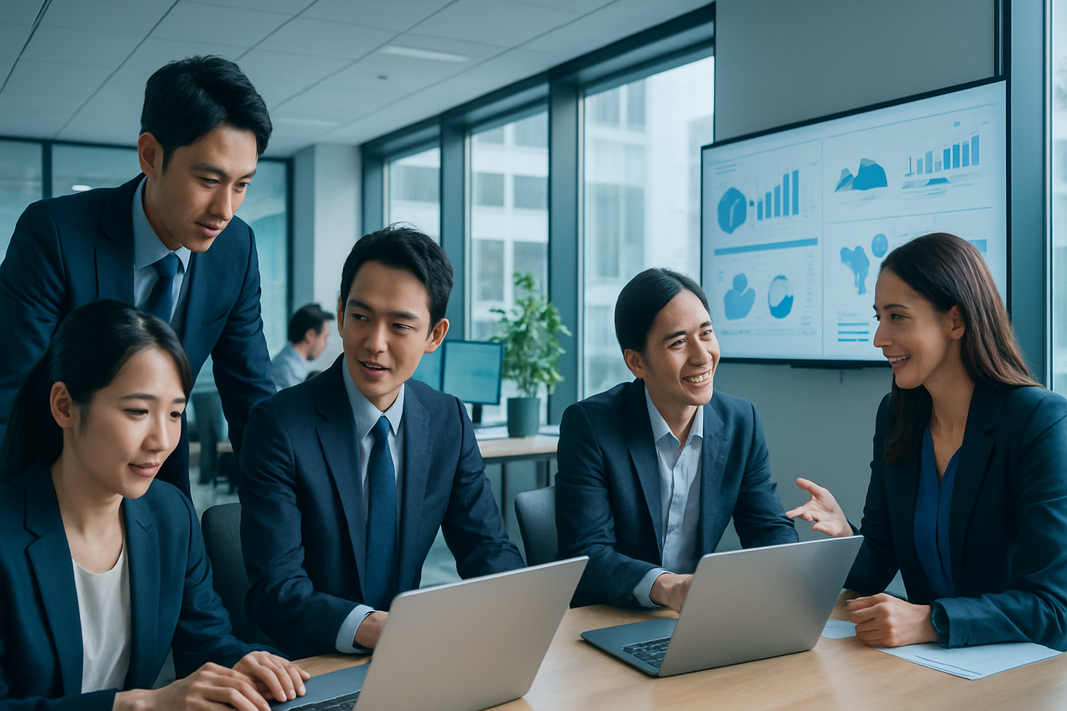 ノートパソコンを囲んで打ち合わせをするビジネスパーソンたち（受託システム開発）